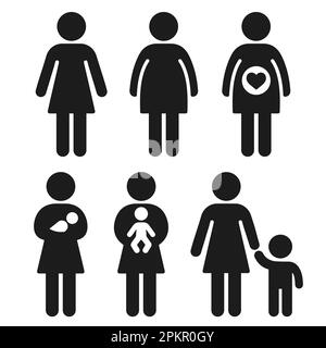 Pregnancy, childbirth and motherhood stages icon set. Simple woman stick figure with baby and toddler. Mother and child vector symbols. Stock Vector