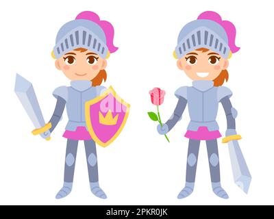 Cute cartoon girl in knight costume. Female heroine in body armor with sword and shield and holding a rose. Isolated vector clip art illustration Stock Vector