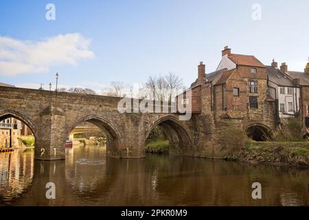 Elvet Bridge is a grade one listed medieval arched masonry structure spanning the River Wear in central Durham city. Stock Photo