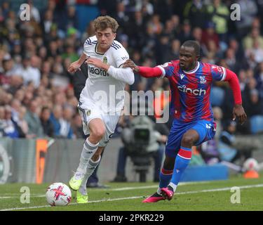Leeds, UK. 09th Apr, 2023. Patrick Bamford #9 of Leeds United goes forward with the ball whilst under pressure from Tyrick Mitchell #3 of Crystal Palace during the Premier League match Leeds United vs Crystal Palace at Elland Road, Leeds, United Kingdom, 9th April 2023 (Photo by James Heaton/News Images) in Leeds, United Kingdom on 4/9/2023. (Photo by James Heaton/News Images/Sipa USA) Credit: Sipa USA/Alamy Live News Stock Photo
