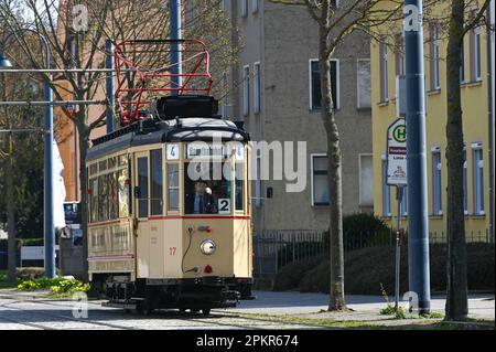 Naumburg, Germany. 09th Apr, 2023. The historic 'Lindner' railcar from 1928 on its way to the main station. The public trips with the 95-year-old car number 17 take place on Easter Sunday. As a scheduled car, it shuttles between the main station and Salztor in Naumburg. According to Naumburger Straßenbahn GmbH, it is the oldest streetcar car in regular service in Germany. Credit: Heiko Rebsch/dpa/Alamy Live News Stock Photo