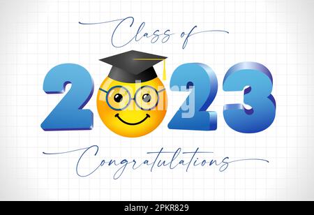 Graduating class of 2023 creative banner. Emoji icon with square hat. Design for school graduation celebrating event. Creative 3D number. Isolated ele Stock Vector