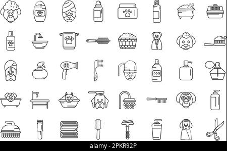 Dogs spa icons set outline vector. Grooming shower. Animal spa Stock Vector