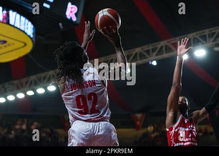 Varese, Italy. 08th Apr, 2023. Jaron Johnson #92 of Pallacanestro Varese OpenJobMetis in action during LBA Lega Basket A 2022/23 Regular Season game between Pallacanestro Varese OpenJobMetis and Unahotels Reggio Emilia at Palasport Lino Oldrini. Final score; Varese 81:85 Reggiana. Credit: SOPA Images Limited/Alamy Live News Stock Photo