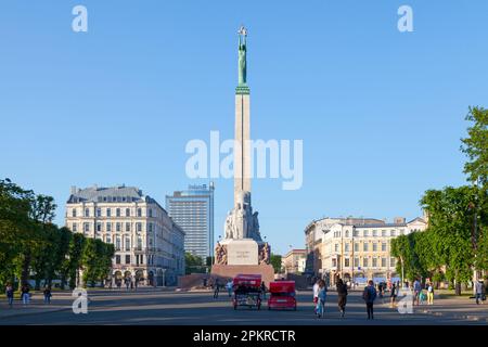 Riga, Latvia - June 14 2019: The Freedom Monument (Latvian: Brīvības piemineklis) is a memorial honouring soldiers killed during the Latvian War of In Stock Photo