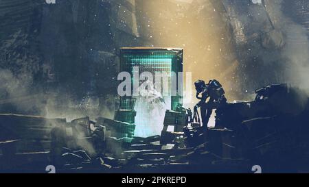 futuristic man sitting guarding the dimensional gate in an abandoned place, digital art style, illustration painting Stock Photo