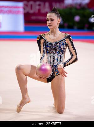 Sofia, Bulgaria. March 31, 2023. Lugovskikh Elizaveta of Montenegro performs with the ball during the Rhythmic Gymnastics World Cup at Arena Armeec Stock Photo