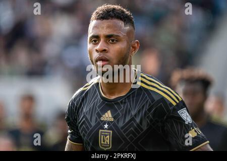LAFC defender Diego Palacios (12) during a MLS match against the Austin FC, Saturday, April 8, 2023, at the BMO Stadium, in Los Angeles, CA. LAFC defe Stock Photo