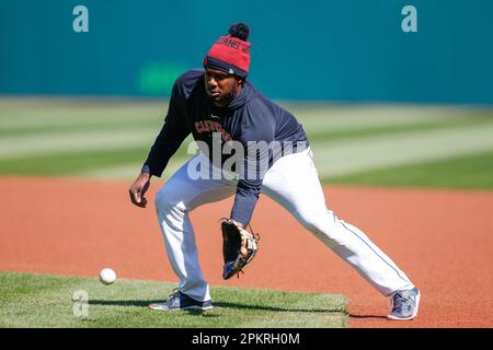 Cleveland Guardians' Josh Bell bats against the Seattle Mariners during the  first inning of a baseball game, Friday, April 7, 2023, in Cleveland. (AP  Photo/Ron Schwane Stock Photo - Alamy