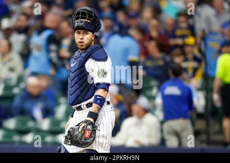 April 8, 2023: Milwaukee Brewers catcher Victor Caratini (7) during the game between the Milwaukee Brewers and the St. Louis Cardinals at American Family Field on April 8, 2023 in Milwaukee, WI. Darren Lee/CSM Stock Photo