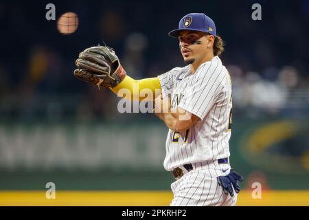 April 8, 2023: Milwaukee Brewers shortstop Willy Adames (27) during the game between the Milwaukee Brewers and the St. Louis Cardinals at American Family Field on April 8, 2023 in Milwaukee, WI. Darren Lee/CSM Stock Photo