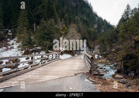 Beautiful mountain valley in early spring. Melt. A wooden bridge with wooden balustrades over a mountain stream. Koscieliska Valley, Tatra Mountains, Stock Photo