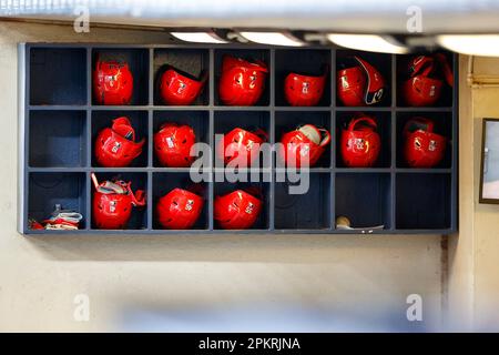 April 8, 2023: St. Louis CardinalsÕ batting helmets during the game between the Milwaukee Brewers and the St. Louis Cardinals at American Family Field on April 8, 2023 in Milwaukee, WI. Darren Lee/CSM Stock Photo