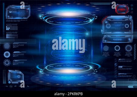 Game interface. Futuristic HUD background. 3D cyber space design. Spaceship technology. UI cyberpunk elements. Blue glowing tech frame. Hologram panel. Virtual dashboard. Vector computer infographic Stock Vector