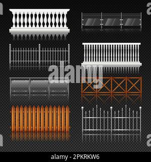 Balcony railing. Metal or glass handrail. Wooden terrace fence with banister. Steel stairway in building. Rural balustrade. Architecture elements. Realistic enclosures set. Vector design construction Stock Vector