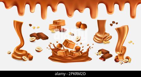 3d caramel toffee, melting liquid sugar drip. Sticky candy syrup natural food isolated elements, nuts and peanut, chocolate pieces, smudges and puddle, cooking ingredient vector realistic illustration Stock Vector
