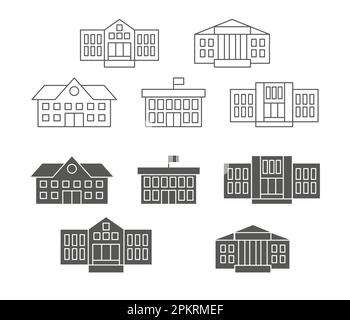 School education. University campus. College icons. High public buildings. Elementary facility. Library and preschool studying. Line or silhouette schoolhouse architecture. Vector outline symbols set Stock Vector