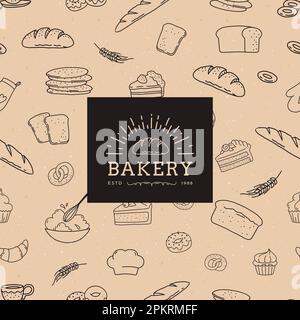 Bakery background, boulangerie goods, doodle pattern. Hand drawn line bread, pretzel and muffin. Simple outline baked pastry food, wheat healthy croissant. Vintage style logo. Vector seamless texture Stock Vector