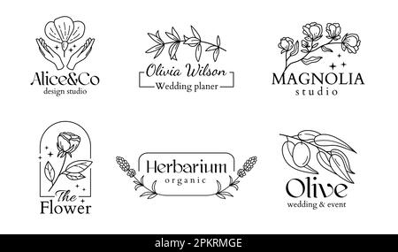 Botanical bohemian logo, wedding chic. Line beauty leaf for cafe, photography and design studio, floral monogram alphabet. Simple logotype template set. Vector illustration botanical isolated frames Stock Vector