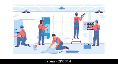 Home repair. Cartoon service workers make renovation. Professional builders brigade gluing wallpaper or laying floor tiles. Electrician working with wires of electrical system. Vector foreman job Stock Vector