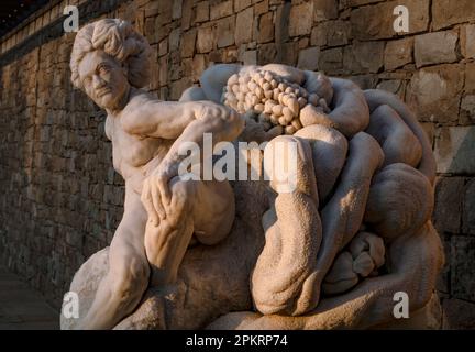 A marble sculpture by Willem Strydom stands at the Restaurant and cellars of the Tokara Wine Estate. Stock Photo