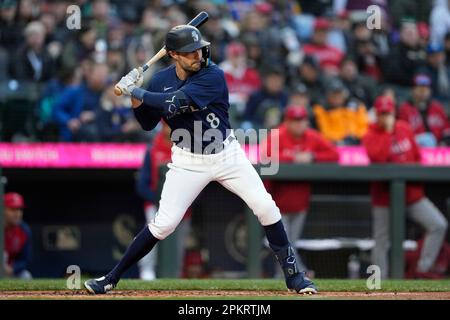 Seattle Mariners' AJ Pollock looks to swing during an at-bat