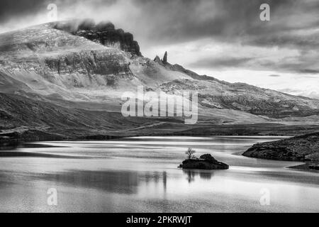 Old Man of Storr over Loch Leathan on the Isle of Skye in Scotland Stock Photo