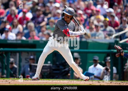 CJ Abrams of the Washington Nationals bats against the Philadelphia in  2023