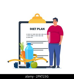 Fat man standing on weigh scales. Diet plan checklist. Healthy food and sports. Vector illustration Stock Vector