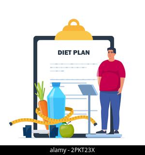 Fat man standing on weigh scales. Diet plan checklist. Healthy food and sports. Vector illustration Stock Vector