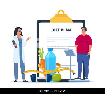 Fat man standing on weigh scales. Doctor explain about health and how to loose weight. Diet plan checklist. Healthy food and sports. Vector illustrati Stock Vector