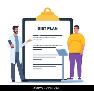 Fat man standing on weigh scales. Doctor explain about health and how to loose weight, Diet plan for obese patient, fat control instruction, diabetes Stock Vector