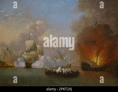 Portuguese action against Barbary pirates. Combat between Portuguese and Barbary ships, during the reign of king Alfonso VII of Portugal (1656-1683). Studio of Willem van de Velde, 'the Younger', c. 1685. Maritime Museum. Lisbon, Portugal. Author: Studio of Willem van de Velde (1633-1707). Dutch artist. Stock Photo