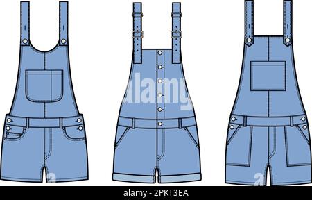 Womens denim overall shorts. Fashion CAD. Stock Vector