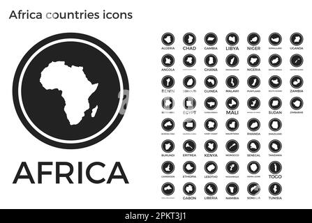 Africa countries icons. Black round logos with continent countries maps and titles. Vector illustration. Stock Vector