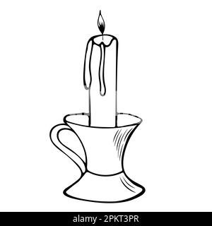 Vector illustration of a hand-drawn burning candle in a candlestick. Stock Vector