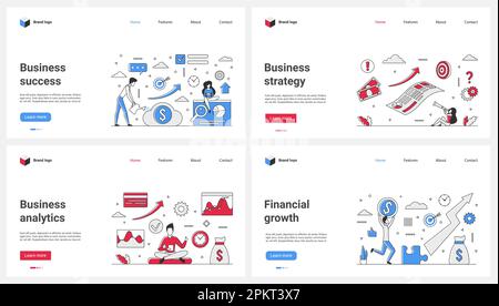 Financial growth, business success strategy and analytics set vector illustration. Cartoon tiny people work with online services for market chart analysis, analysts consulting for profit solution Stock Vector