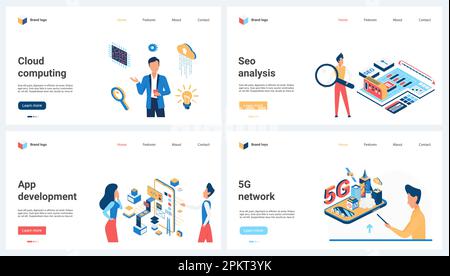 Cloud computing and data analysis, 5G network set vector illustration. Cartoon tiny people work with big analytic platform and database, develop mobile app online, download files from server Stock Vector