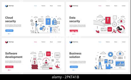 Business solutions in cloud data security, application and software development set vector illustration. Cartoon tiny people work with program code, protect personal data, safe access to bank account Stock Vector