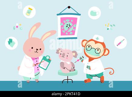 Medical vaccination scene in hospital. Cute koala patient and doctors monkey and bunny. Immunization, childish pediatrician nowaday vector characters Stock Vector