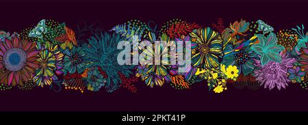 Seamless background pattern illustration. Graphic beautiful different flowers on a dark background. Vector illustration. Hand drawn. Stock Vector