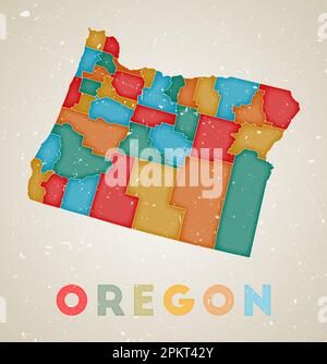 Oregon map. Us state poster with colored regions. Old grunge texture. Vector illustration of Oregon with us state name. Stock Vector