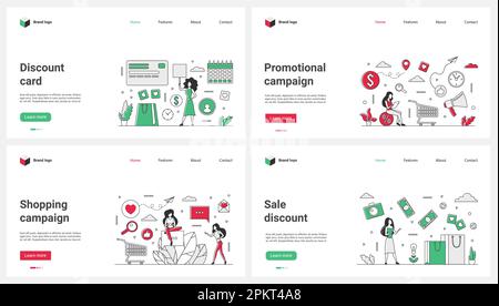 Discount card for shopping, advertising campaign, marketing and loyalty of clients set vector illustration. Cartoon tiny people buy on sales in retail store with coupon, voucher and gift code Stock Vector