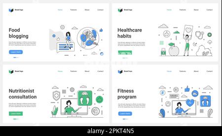 Food and sport blogging, nutritionist services set vector illustration. Cartoon tiny people cook online on foodie channel, work with specialist of nutrition, fitness program and healthy habits Stock Vector