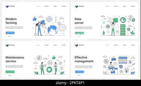 Modern agriculture, maintenance, support and repair service, effective management set vector illustration. Cartoon tiny people farming with innovative technology, work with servers and planning Stock Vector