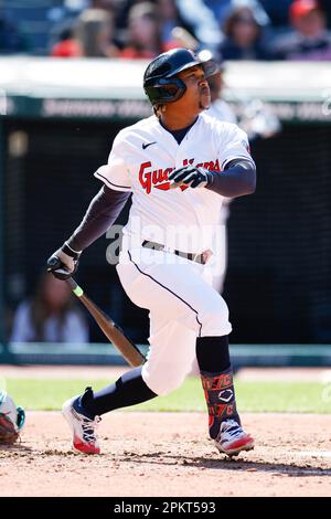 Cleveland Guardians' Jose Ramirez bats against the Seattle Mariners during  the first inning of a baseball game, Friday, April 7, 2023, in Cleveland.  (AP Photo/Ron Schwane Stock Photo - Alamy