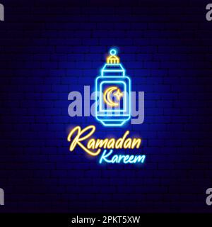 Lantern Ramadan Kareem Neon Label Stock Vector