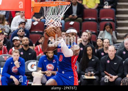Chicago, USA. 09th Apr, 2023. Chicago, USA, April 9, 2023: Jalen Duren (0 Detroit Pistons) grabs the rebound during the game between the Chicago Bulls and Detroit Pistons on Sunday April 9, 2023 at the United Center, Chicago, USA. (NO COMMERCIAL USAGE) (Shaina Benhiyoun/SPP) Credit: SPP Sport Press Photo. /Alamy Live News Stock Photo