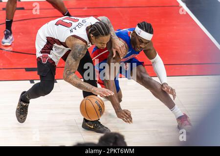 Chicago, USA. 09th Apr, 2023. Chicago, USA, April 9, 2023: DeMar DeRozan (11 Chicago Bulls) and Jalen Duren (0 Detroit Pistons) battle for the ball during the game between the Chicago Bulls and Detroit Pistons on Sunday April 9, 2023 at the United Center, Chicago, USA. (NO COMMERCIAL USAGE) (Shaina Benhiyoun/SPP) Credit: SPP Sport Press Photo. /Alamy Live News Stock Photo