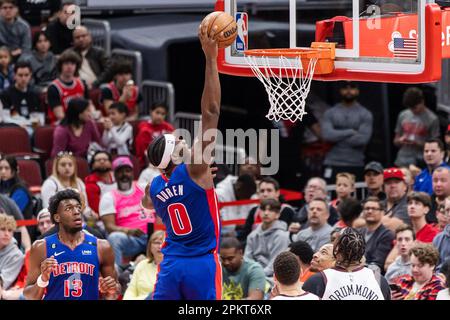 Chicago, USA. 09th Apr, 2023. Chicago, USA, April 9, 2023: Jalen Duren (0 Detroit Pistons) dunks the ball during the game between the Chicago Bulls and Detroit Pistons on Sunday April 9, 2023 at the United Center, Chicago, USA. (NO COMMERCIAL USAGE) (Shaina Benhiyoun/SPP) Credit: SPP Sport Press Photo. /Alamy Live News Stock Photo